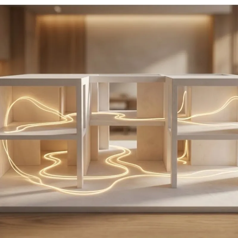 Maqueta de vivienda con líneas de energía para el estudio de geobiología y geopatías